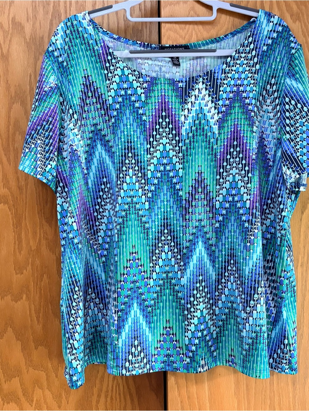 Notations Blue Teal Purple Zigzag Pleated Short-Sleeve Top Size 1X